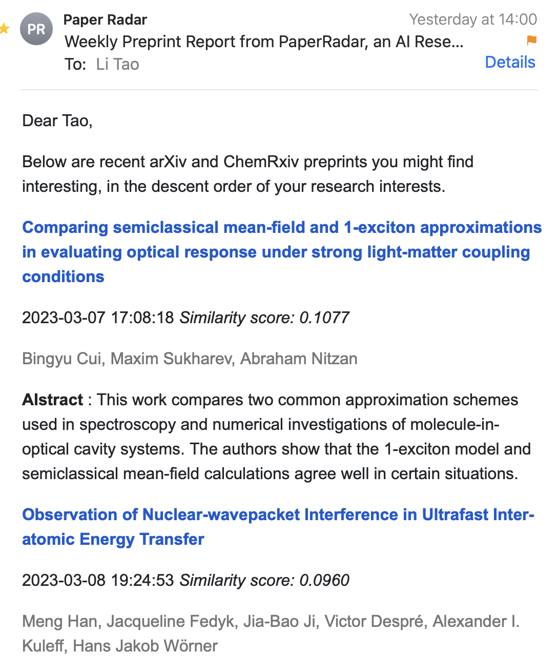 Example PaperRadar email with recommended preprints and AI-generated summaries